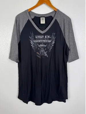 Harley-Davidson Bangkok Thailand Raglan V-Neck Graphic Tee Black Grey 1X thumbnail 1