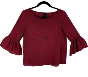 Ann Taylor Red Black Patterned Round Neck 3/4 Bell Sleeve Lightweight‎ Blouse S thumbnail 1
