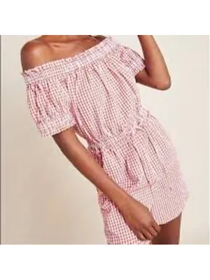 Anthropologie Red Gingham Off-the-Shoulder Romper Smocking Resort Beach Size L thumbnail 7
