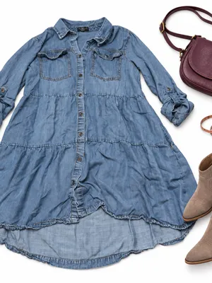 Velvet Heart Chambray Shirt Dress Medium Blue Tiered High Low Roll Tab Sleeves thumbnail 1