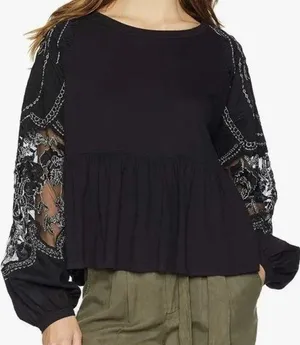 Free People embellished penny black long sleeve sheer sleeve detail top tee thumbnail 1