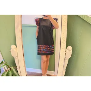 Pinch Black Cotton Shift Dress S Floral Flutter Sleeves Pockets thumbnail 2