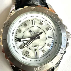 Stainless Steel UNICORN w/ abalone Face Black Leather Band Ladies Watch thumbnail 2