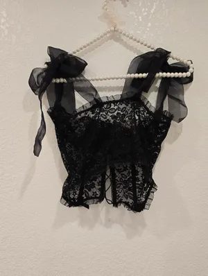 Lace Sheer Corset Top Ribbon Straps Black L thumbnail 3