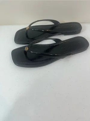 Tommy Hilfiger Black Patent Croc-Effect Thong Sandals with Gold Logo thumbnail 3