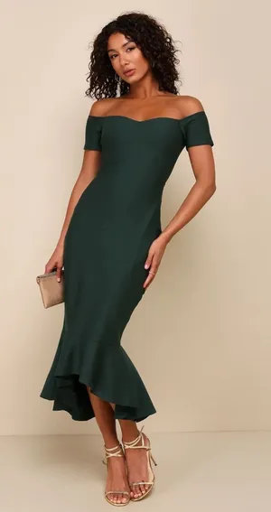 Lulus How Much I Care Dark Green Off-the-Shoulder Midi Dress Holiday Gala Small thumbnail 1