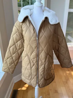 Abercrombie & Fitch Quilted Tan Puffer Jacket with White Sherpa Collar Sz Small thumbnail 3