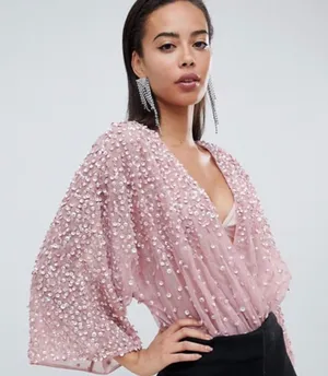 NWOT Asos Maya Bodysuit Sequin Embellished Blush Wrap Blouse sz 8 thumbnail 1
