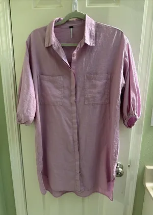 Young Fabulous and Broke Women's Linen Button Up Dress Sz XS Linen‎ Blend Lavender Tunic Shirt Dress thumbnail 1