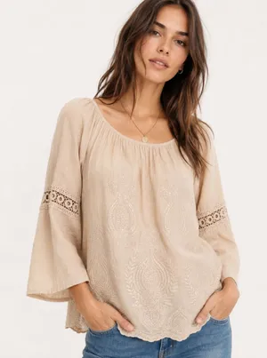 Kaktus Boho Embroidered Peasant Top XL Beige Off Shoulder Crochet Sequin thumbnail 1