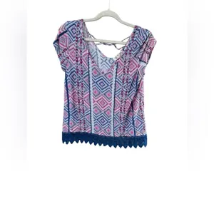 Pink Rose Large Blue Pink White Geometric Top thumbnail 2