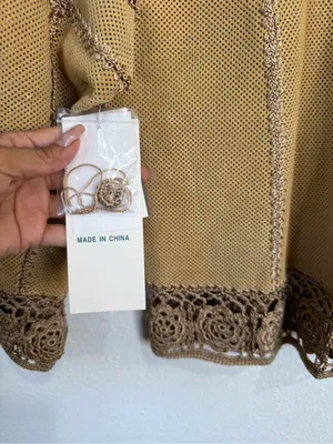 SMH Boutique Tan Perforated Leather Crochet Flower Jacket Boho Western NWT Small thumbnail 6