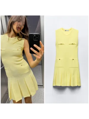 ZARA YELLOW PLEATED MINI KNIT DRESS WITH GOLD BUTTON DETAILS Size XS thumbnail 2