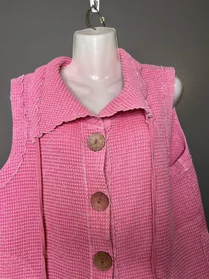 Focus Vest Womens Large Pink Cotton Knit Button Front Pockets Ruffle Collared thumbnail 1