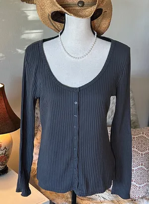 Gap pointelle gray knit cotton blend swoop neck button down top thermal L thumbnail 1