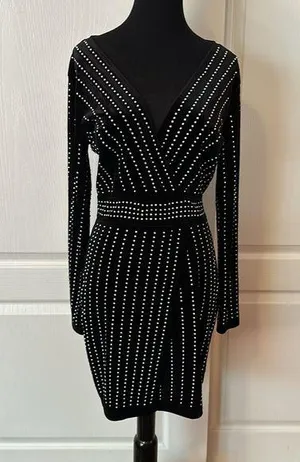Windsor Black Velvet Studded V Neck Wrap Long Sleeve Dress thumbnail 1