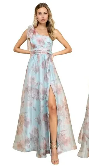 Lulus Blue Pink Dramatically Lovely Floral One-Shoulder Maxi Dress Organza S NWT thumbnail 1