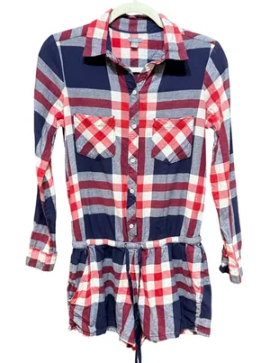 Aerie‎ Blue Red Plaid Long Sleeve Button Down Romper Small Americana Preppy thumbnail 1