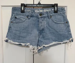 Volcom Light Blue Frayed Hem Denim Shorts low rise thumbnail 1