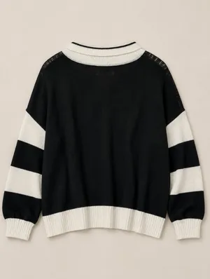 Oversized Striped Polo Sweater Women Large V-Neck Knit Pullover Preppy Normcore thumbnail 3