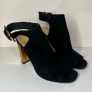 Kate Spade Black suede peep toe gold block heeled sandals WOMENS 6.5 thumbnail 2