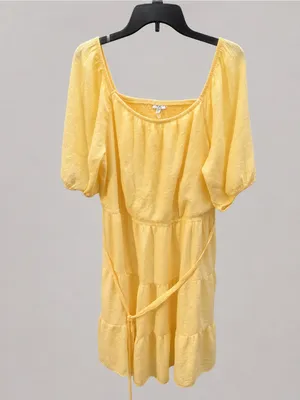 Women’s Plus Size 2X Yellow Square Neck Puff Sleeve Tiered Midi Dress thumbnail 3
