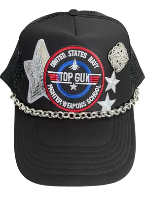 OTTO Top Gun Trucker Hat Black Embellished Chain Rhinestone Patch One Size thumbnail 1