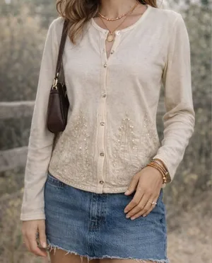 Elegant Beige Button-Front Cardigan with Sequin & Embroidered Detail Size Small thumbnail 1