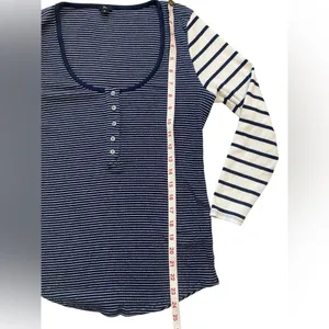 J. Crew Navy and White Striped Scoop Neck Ribbed Long Sleeve Henley thumbnail 9