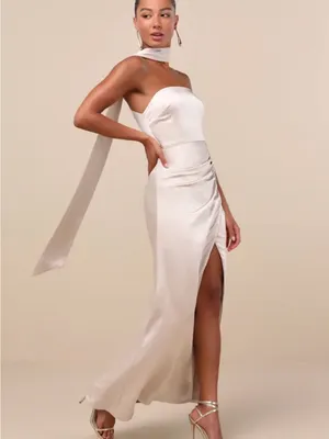 Lulu's Ivory Satin Strapless Maxi Dress with Neck Scarf thumbnail 3