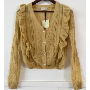 Dress Forum Yellow Ruffle Open Knit Cardigan Sweater Women’s Small NWT]=' thumbnail 1