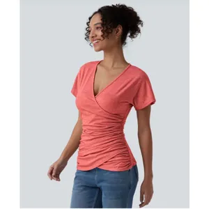 Halara Womens Wrap V-Neck Ruched Top Medium Coral Pink Short Sleeve T-Shirt thumbnail 2