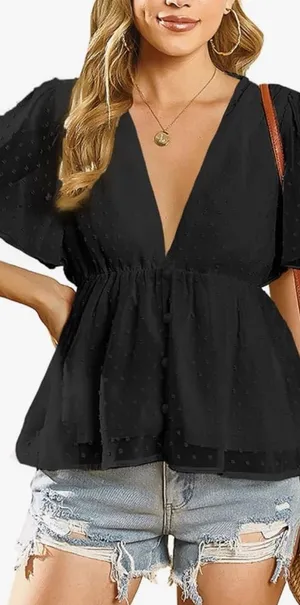 LAYNER Deep V Neck Ruffle Polka Dot Top Pom Pom Peplum Shirt Blouse size large thumbnail 1