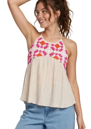 THML S Cream Crochet Floral Yoke Sleeveless Babydoll Boho Tunic Top thumbnail 1