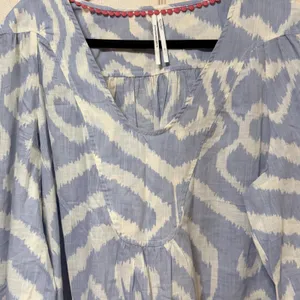 Anthropologie Blue White Ikat Cotton V-Neck Blouse XL Boho 3/4 Sleeve‎ Top thumbnail 5