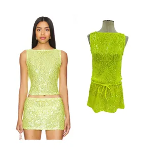 Lovers + Friends Erin Sequin Crop Top Mini Skirt Set Lime Green NWT Size Small thumbnail 2