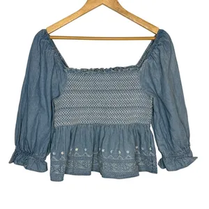 American Eagle Smocked Denim Peplum‎ Top Womens Small Blue Embroidered Babydoll thumbnail 3