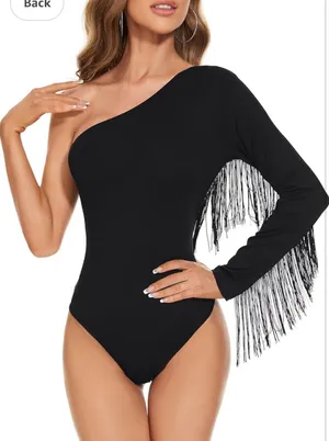 One Shoulder Fringe Bodysuit Black thumbnail 1