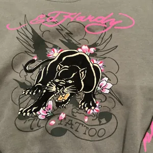 Ed Hardy Panther Graphic Cropped Sweatshirt Olive Green Pink Tattoo Size L thumbnail 2