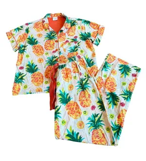 Sleep Sense Ivory Tropical Pineapple Print Pajama Set Shirt Pants Small Women's thumbnail 1