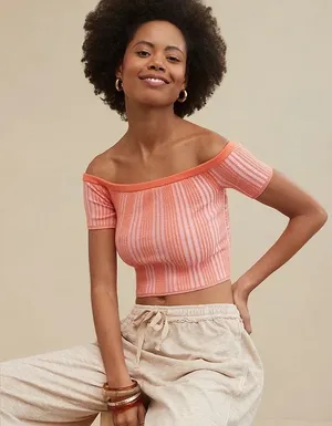 Aerie Reversible Sweater Cropped Top Picante Orange & Pink Soft Size Medium thumbnail 1