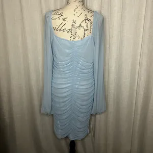 Amazon Womens Light Blue XL Square Neck Mesh Long Sleeve Bodycon Mini Dress thumbnail 4