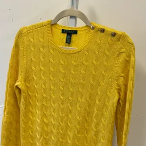 Lauren Ralph Lauren Yellow Cable Knit Shoulder Button Sweater Womens Medium thumbnail 3