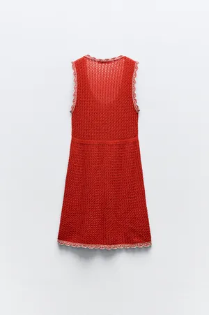 Zara crochet Red Button-Up Dress with Lace Trim thumbnail 2