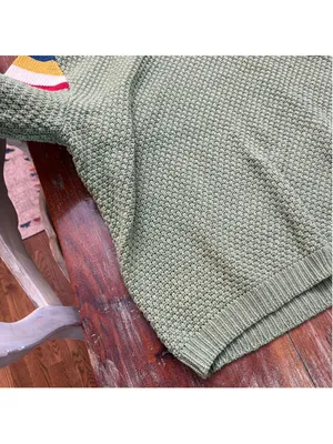 POL Sage Green Chunky Knit V-Neck Sweater Rainbow Stripe Sleeves Pocket M thumbnail 4
