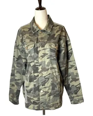 Zara Jacket Women Small‎ Green Camo Cotton Sequin Stripe Coat Streetwear Outdoor thumbnail 1