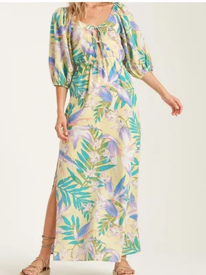 Billabong today’s wish Yellow Floral Tropical Maxi‎ Dress with Teal & Lavender thumbnail 1