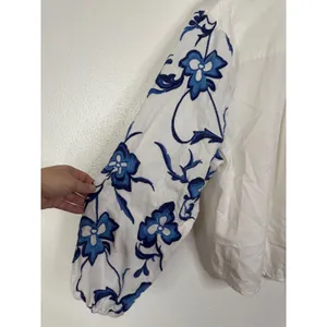 Calypso St Barth Blue Floral Embroidered Linen Blend V-Neck Blouse XL White thumbnail 4