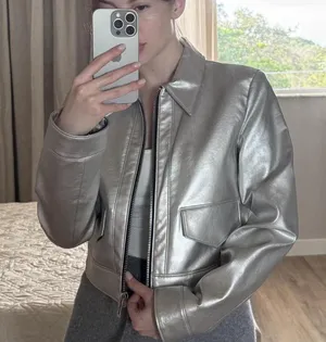 Mango silver cropped faux leather jacket thumbnail 1