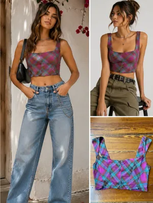NWT Urban Outfitters Adina Plaid Square Neck Corset Style Crop Top Size XL💛 thumbnail 2